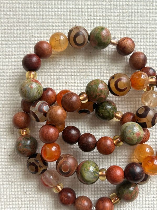 Unakite, Wood & Agate Bracelet