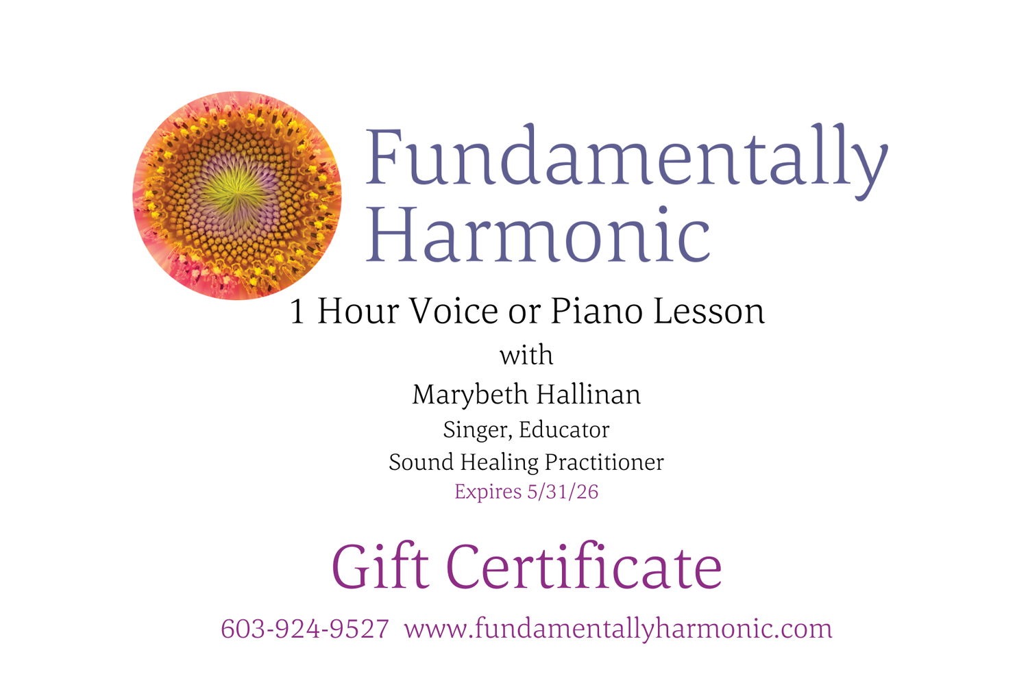 Gift Certificate: 1 Hr Piano or Voice Lesson