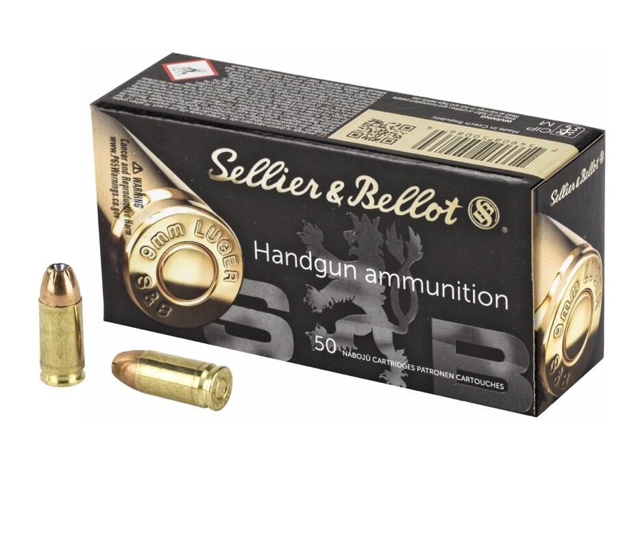 Sellier & Bellot, Pistol, 9MM, 124 Grain, Jacketed Hollow Point, 50 Round Box