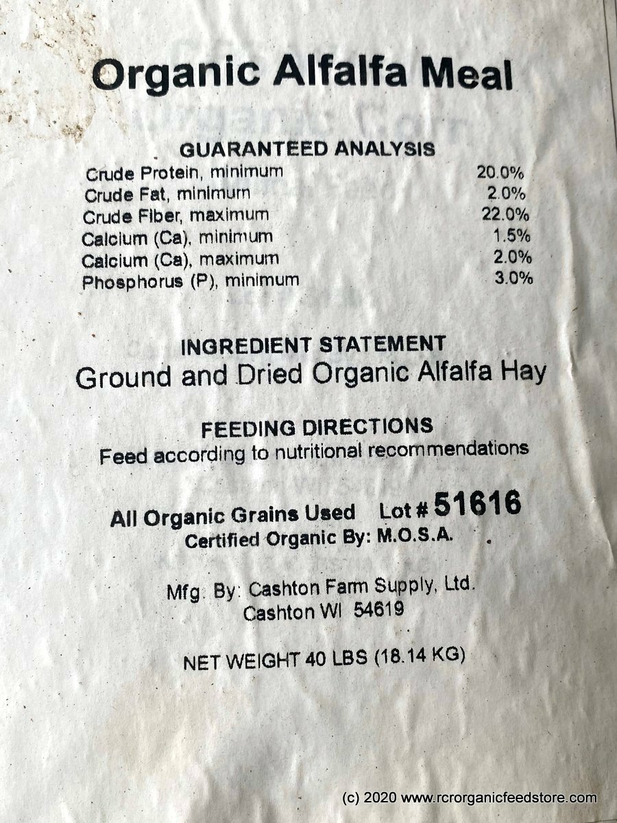 Organic Alfalfa Meal sold in 40 lb bags RCR Organic Feed Store Hamburg MN near Twin Cities MN