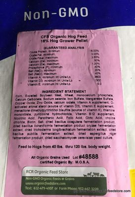 Certified organic Hog Feed Complete 16% Ground 40-lb bag tag, made with Midwest organically grown grains, available for pickup at RCR Organic Feed Store, Hamburg, MN, near Twin Cities

