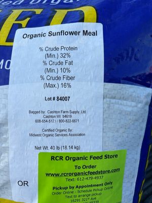 Feed tag organic certified Sunflower Meal RCR Organic Feed Store