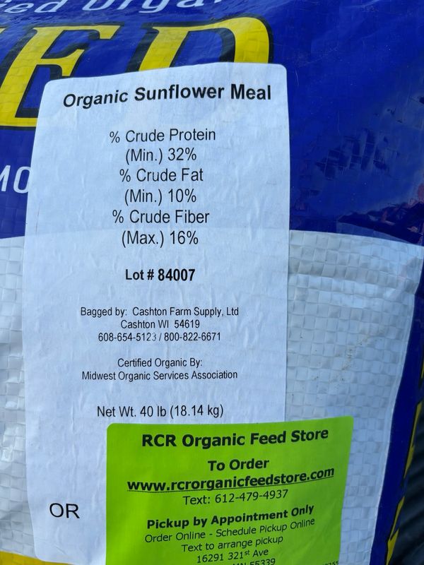 Feed tag organic certified Sunflower Meal RCR Organic Feed Store