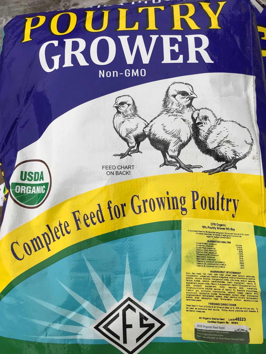 Soy Free Grower Feed 18% Ground Soy‑free RCR Organic Grower 18 Ground Feed bag, available for on‑farm pickup in Hamburg, Minnesota.