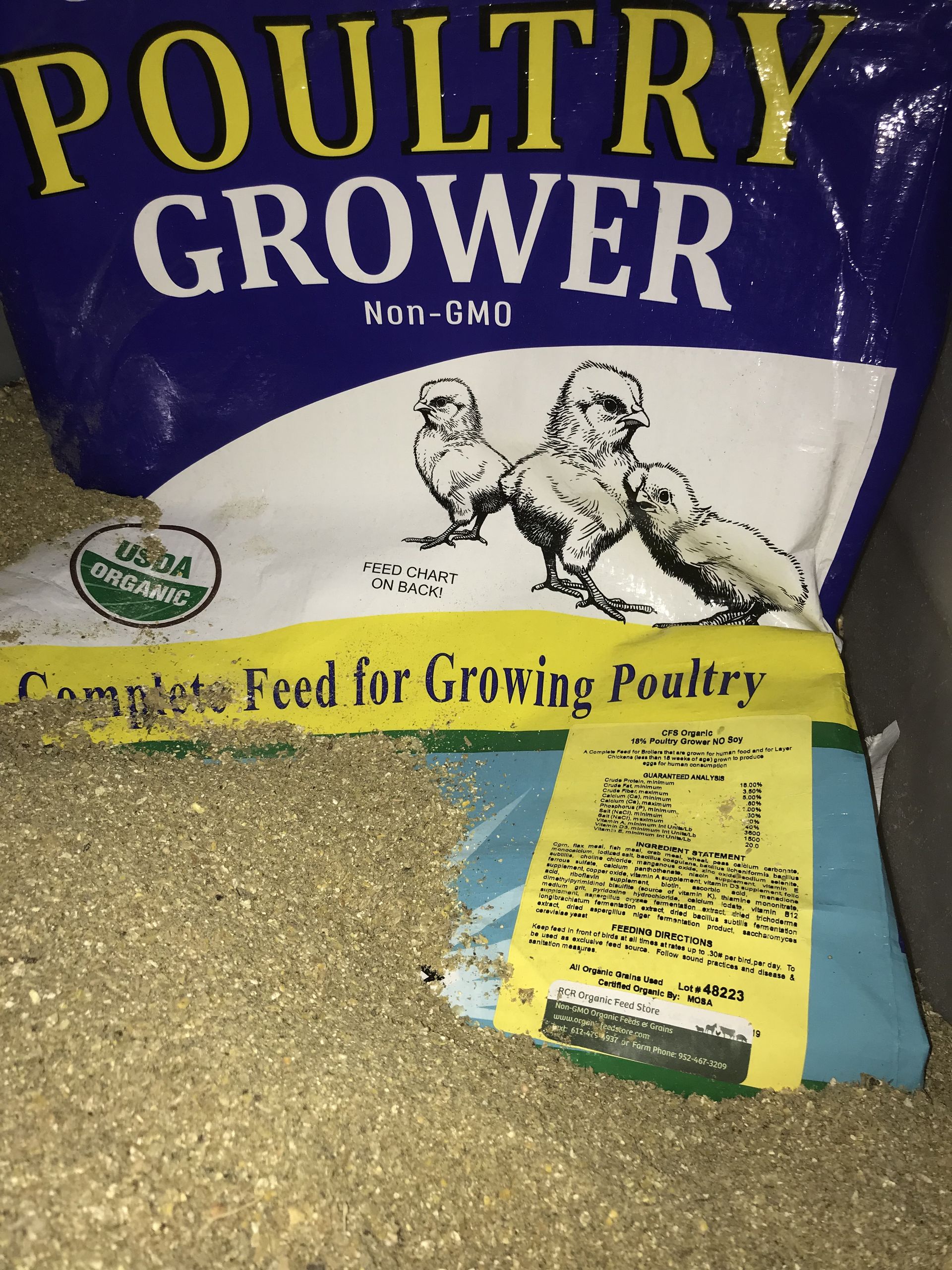 Soy‑free RCR Organic Grower 18 Ground Feed bag, available for on‑farm pickup in Hamburg, Minnesota.