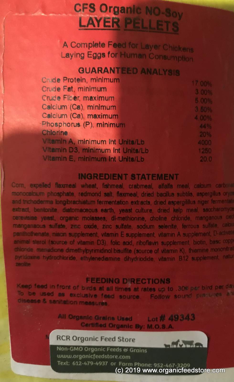 40 lb bag of no‑soy organic layer feed, pelleted, 17% protein, MOSA certified, sold by RCR Organic Feed Store in Hamburg MN