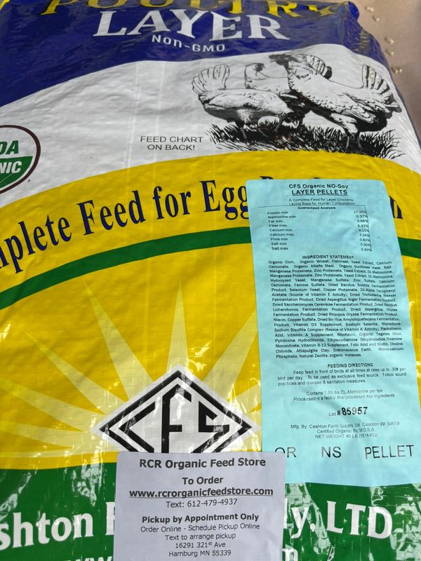 Soy Free Organic Layer Feed Pelleted Image of soy‑free RCR Organic Layer 17 Pelleted Feed, organic and Non‑GMO, available for online order farm pickup Hamburg MN