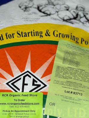 Soy Free Chick Starter 20 Ground “Soy‑free RCR Organic Starter 20 Ground Chick Feed bag, available for on‑farm pickup in Hamburg, Minnesota.”