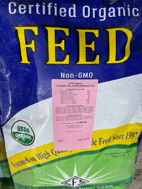 RCR Organic Goat and Sheep 16 Pelleted Feed bag, available for on‑farm pickup in Hamburg, Minnesota