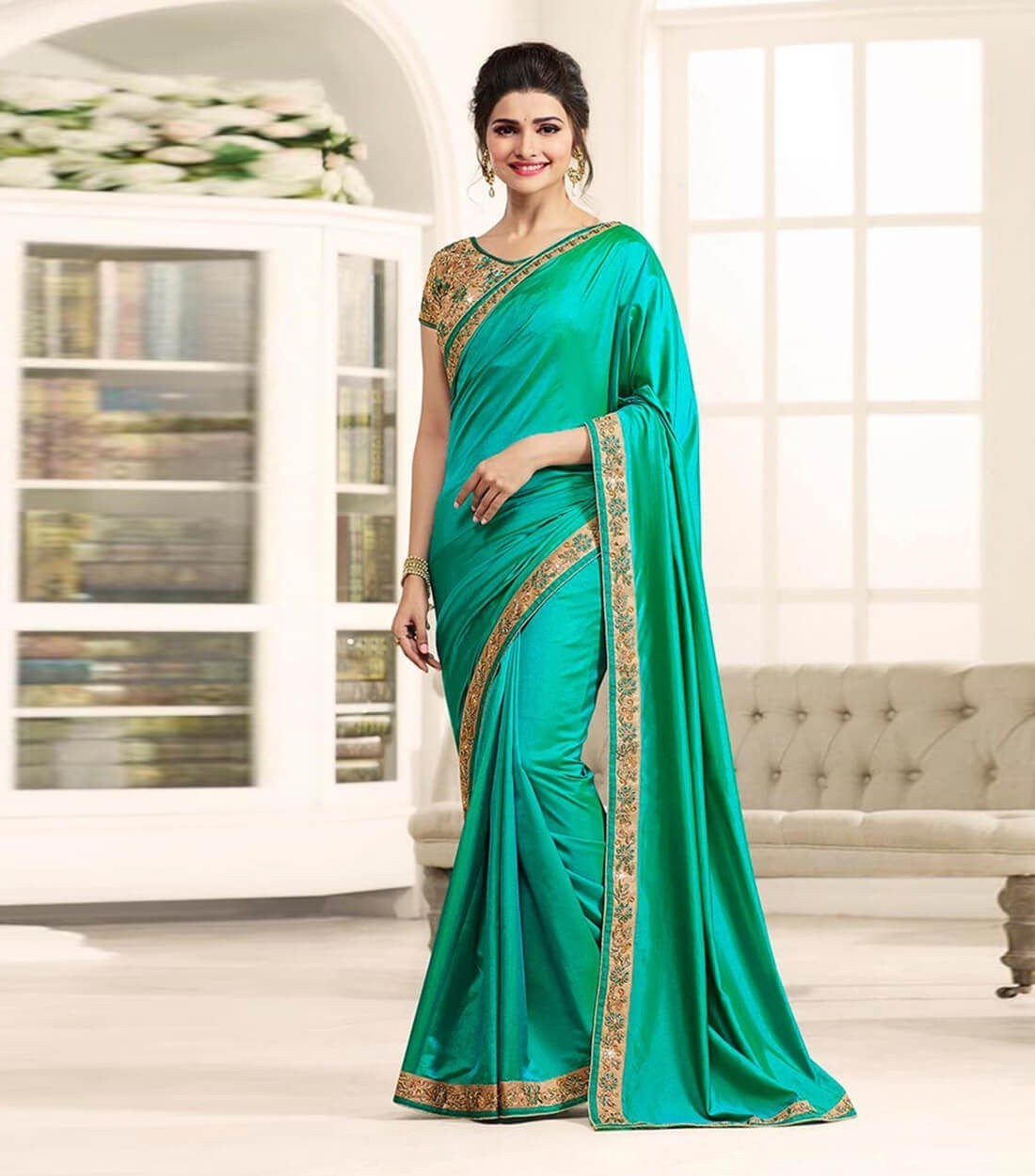 Wkart Green Designer Paper Silk Embroidered Saree