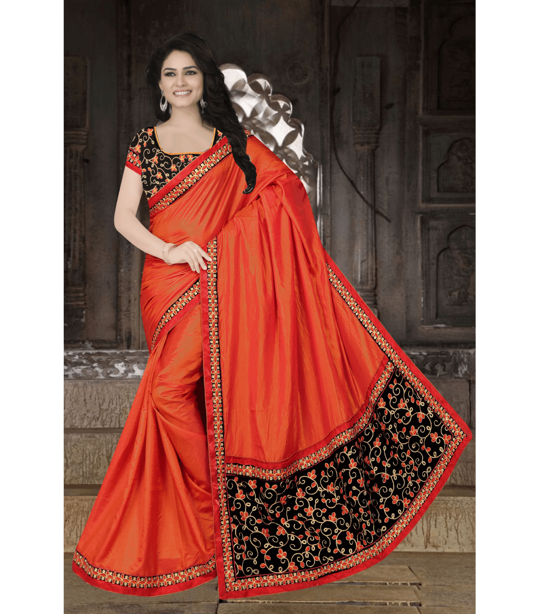 Wkart Orange Designer Paper Silk Embroidered Saree