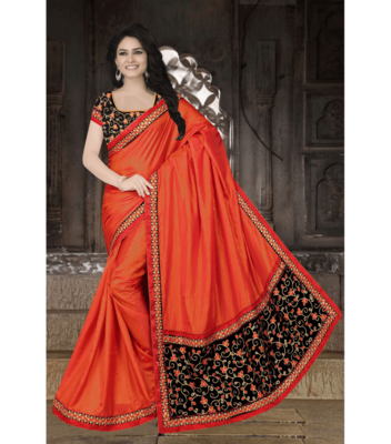 Wkart Orange Designer Paper Silk Embroidered Saree