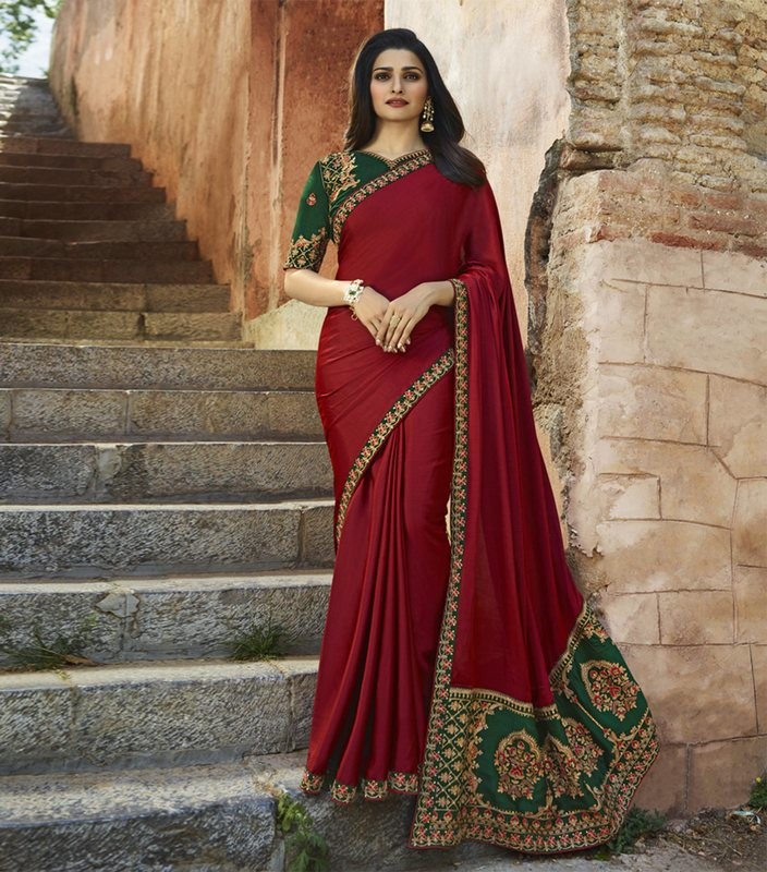 Wkart Red Designer Paper Silk Embroidered Saree