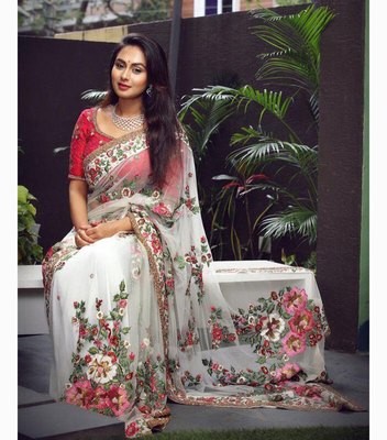 Wkart Off-White Bollywood Georgette Designer Saree