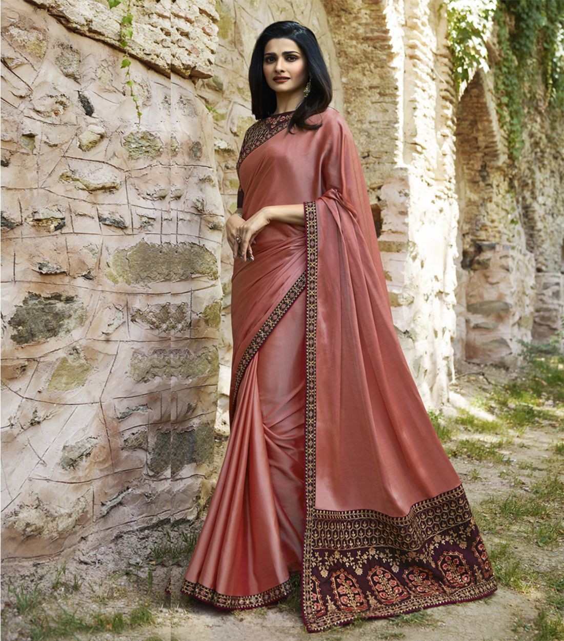 Wkart Peach Bollywood Paper Silk Designer Saree