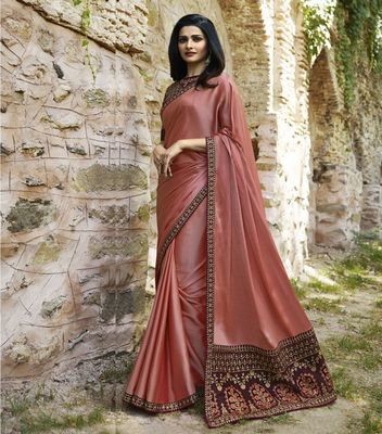 Wkart Peach Bollywood Paper Silk Designer Saree