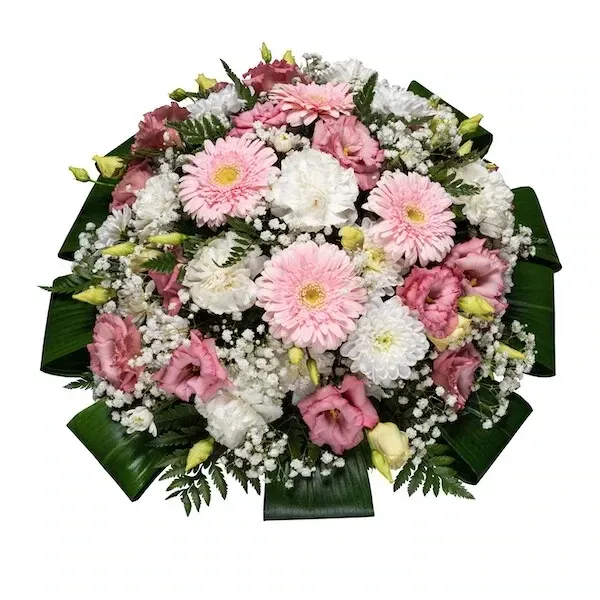 Ringikujuline leinaseade valgete ja roosade lilledega