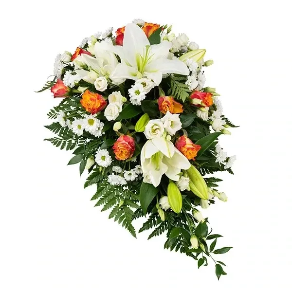 Klassikaline leinaseade valgete ja oranžide lilledega