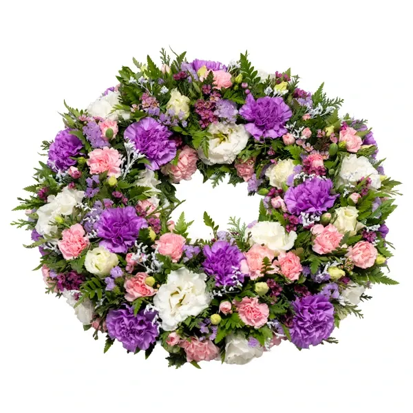 Ringikujuline leinaseade  lillade ja roosade lilledega