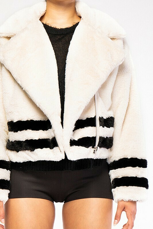 2 Stripes Fuzzy Teddy Zip Up Jacket