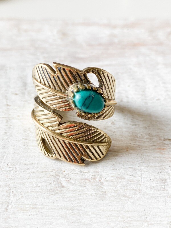 Anillo latón pluma doble turquesa dorado