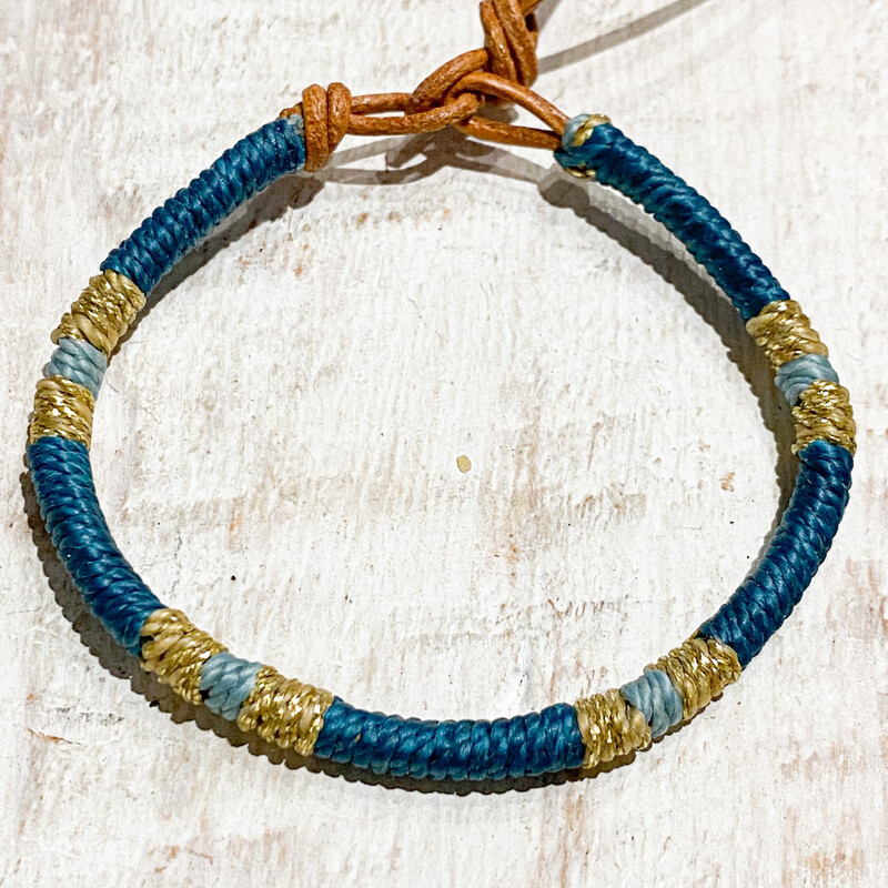 Pulsera cuero dorado plomo y azul