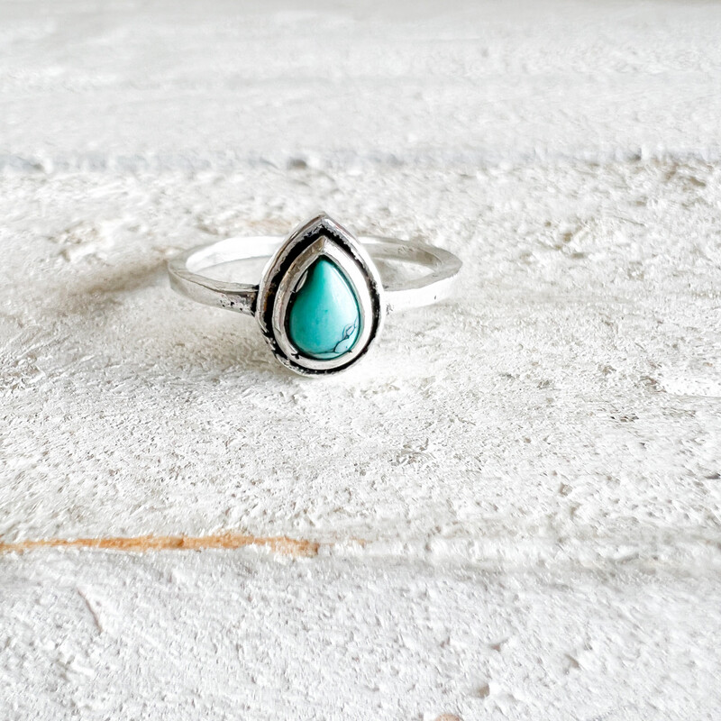 Anillo latón plateado gota turquesa