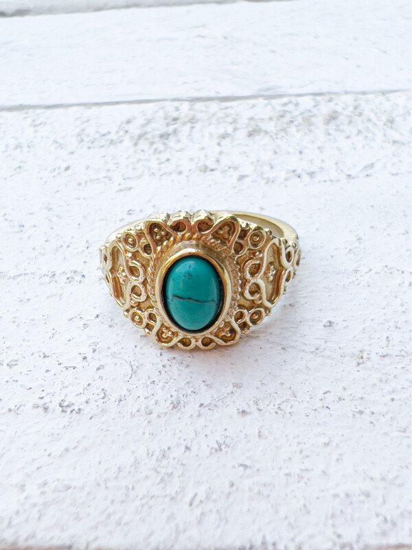Anillo filigrana latón dorado piedra turquesa