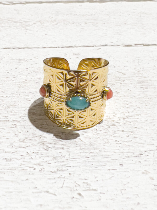 Anillo acero dorado piedras hippie