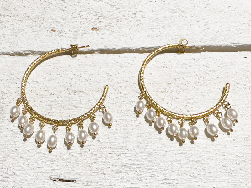 Pendientes aro acero dorado perlas