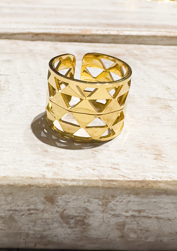 Anillo acero triángulos dorado