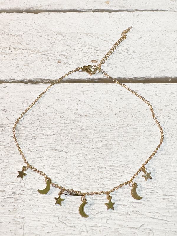 Tobillera acero dorado lunas y estrellas