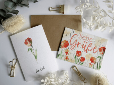 Grußkarte mit Puzzle & Umschlag "Blumen für dich" & "Liebe Grüße"" I handgemaltes Design I Frohnatur