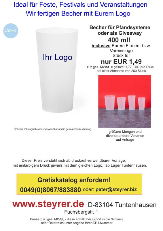 Trinkbecher 400ml bedruckt 200er Paket Trinkbecher 400ml bedruckt 200er Paket