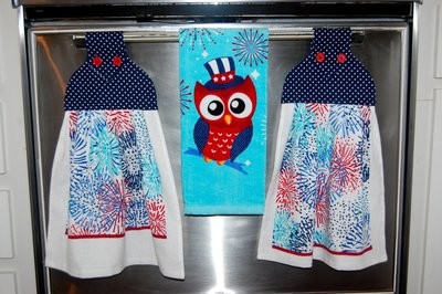 2 beautiful *Happy 4th of July* tie kitchen towels and one hand kitchen towel