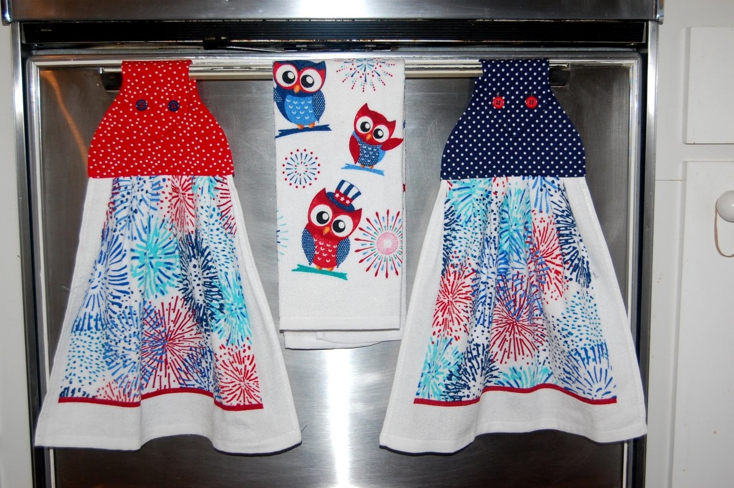 2 beautiful *Fireworks 4th of July* tie kitchen towels and one hand kitchen towel