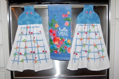 2 beautiful *Hello Spring* tie kitchen towels and one hand kitchen towel