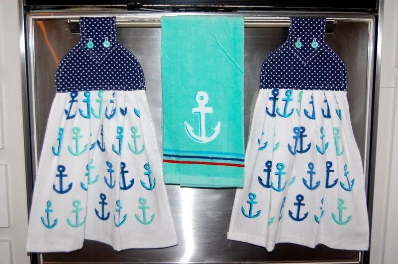 2 beautiful Marina - drop anchor tie kitchen towels and one hand kitchen towel