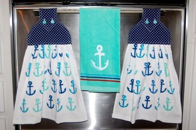 2 beautiful Marina - drop anchor tie kitchen towels and one hand kitchen towel
