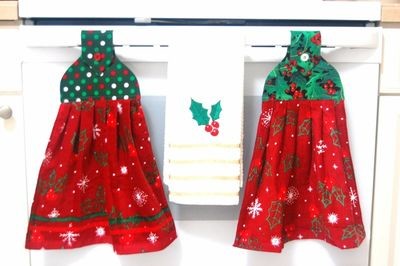 2 beautiful *Christmas* tie kitchen towel and one hand kitchen towel