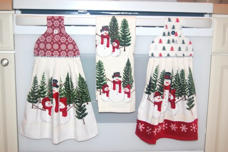 2 beautiful *Winter -Snow &Snowman-* tie kitchen towel and one hand kitchen towel
