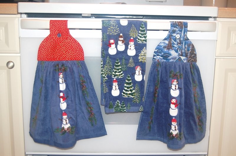 2 beautiful *Winter -Snowman-* tie kitchen towel and one hand kitchen towel