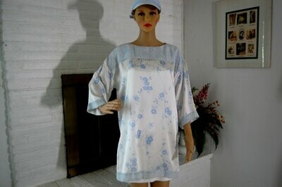 HANDCRAFTED - TUNIC SILK (SATIN) in WHITE LIGHT BLUE FLOWER