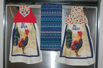 2 beautiful *rise & shine* rooster tie kitchen towels and one hand kitchen towel