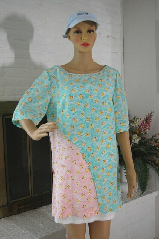 HANDCRAFTED - TUNIC (100% SILK)  in PINK & GREEN with YELLOW STARS