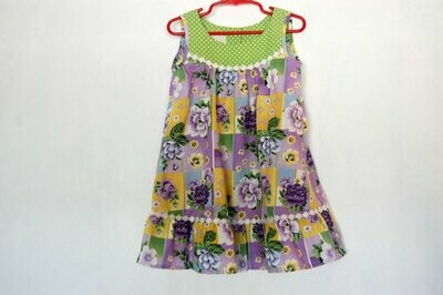 Handcrafted Flower Dress - Green/Yellow/Purple - for Girls 3 (three) YEARS
