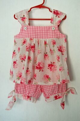 Handcrafted Flower Top - Red/Pink & 2 checked pants - for Girls 3 (three) YEARS