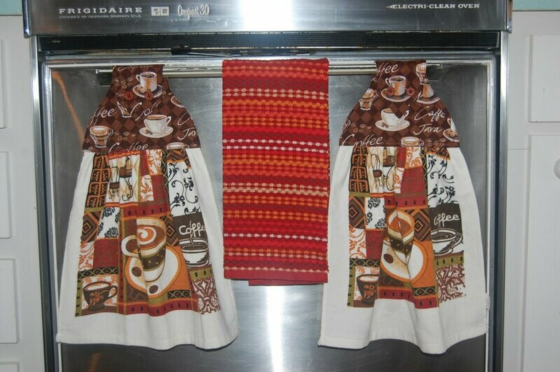 2 beautiful *Coffee* tie kitchen towel and one hand kitchen towel
