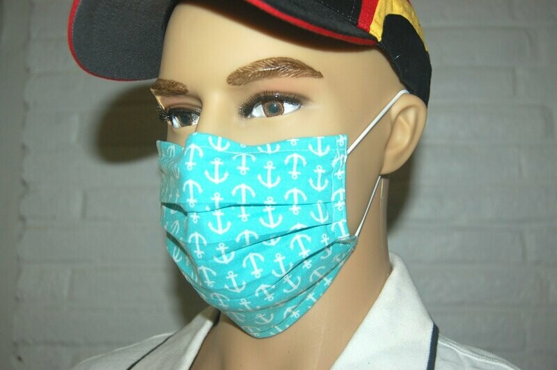3 Layer Handcrafted - Environmentally friendly Reusable 100% Cotton Face Mask  in turquoise  "SAILOR"