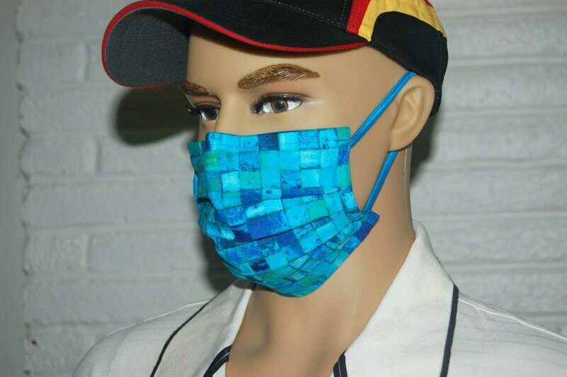 3 Layer Handcrafted - Environmentally friendly Reusable 100% Cotton Face Mask  in blue / turquoise "Square"